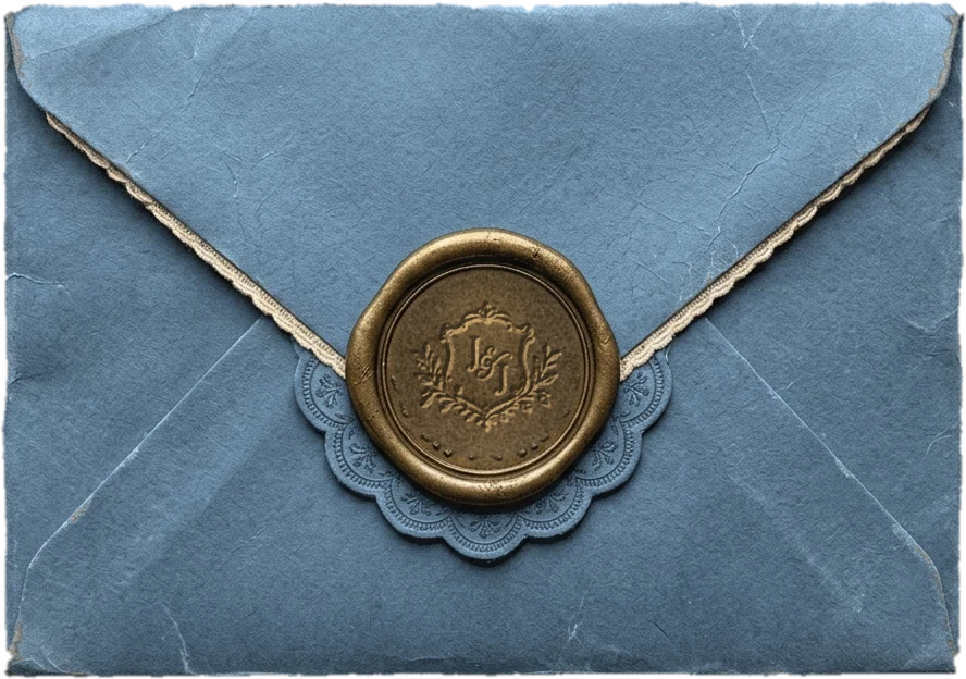 Blue envelope sealed with a brass J and J wax seal